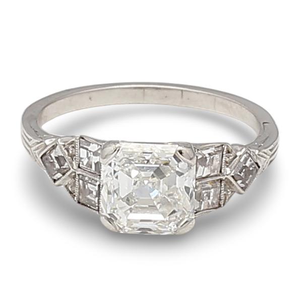 2.20 Carat Asscher Cut and Emerald Cut Diamond Platinum Art Deco Ring