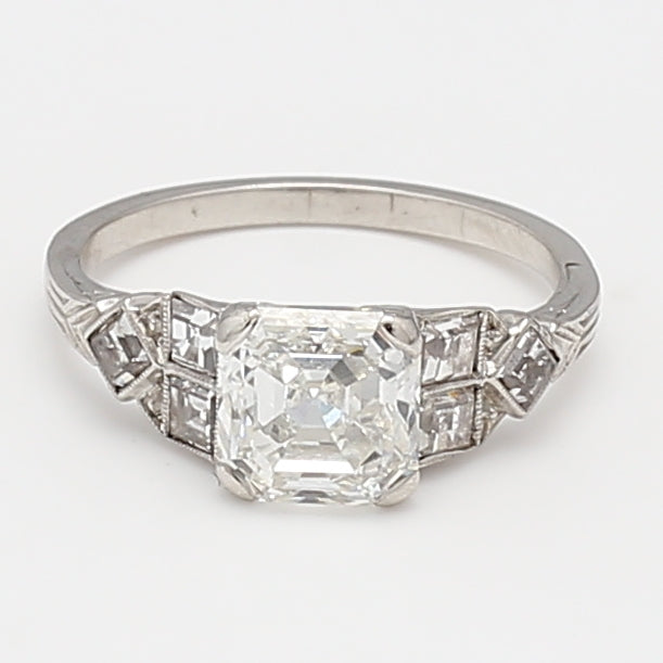 2.20 Carat Asscher Cut G VS2 and Emerald Cut G VS1 Diamond Platinum Art Deco Ring