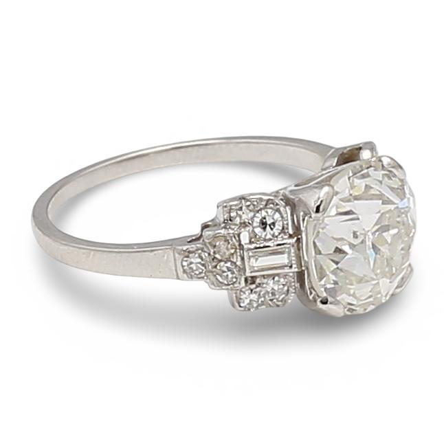 2.97 Carat Old European Cut and Baguette Shape Diamond Platinum Art Deco Ring