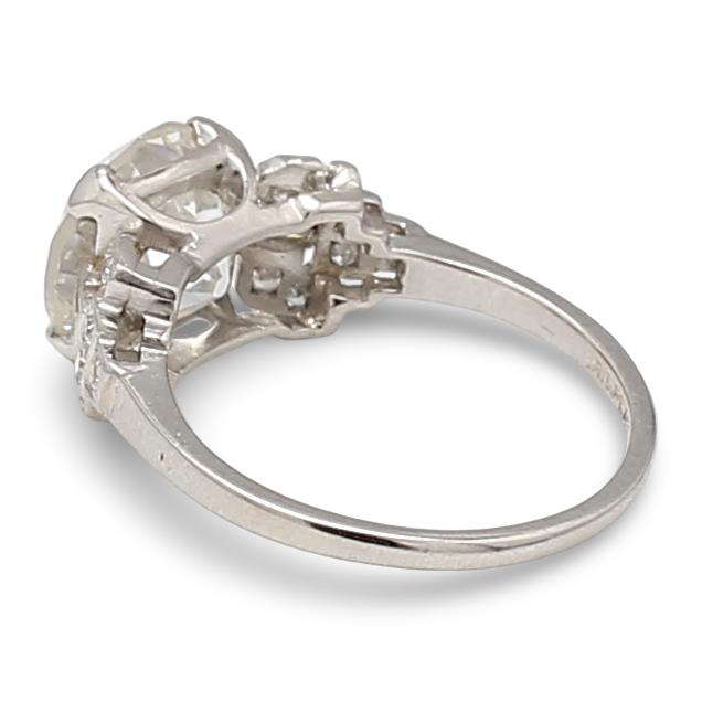 2.97 Carat Old European Cut and Baguette Shape Diamond Platinum Art Deco Ring
