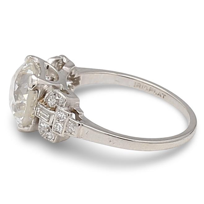 2.97 Carat Old European Cut and Baguette Shape Diamond Platinum Art Deco Ring