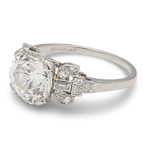 2.97 Carat Old European Cut and Baguette Shape Diamond Platinum Art Deco Ring