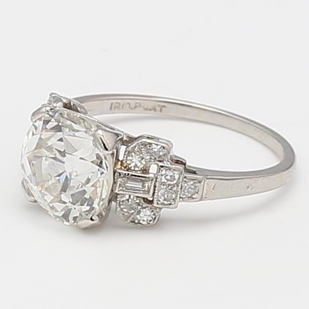 Platinum Art Deco Ring 2.97ct Old European & Baguette Diamonds Size 5 J-SI2 GIA
