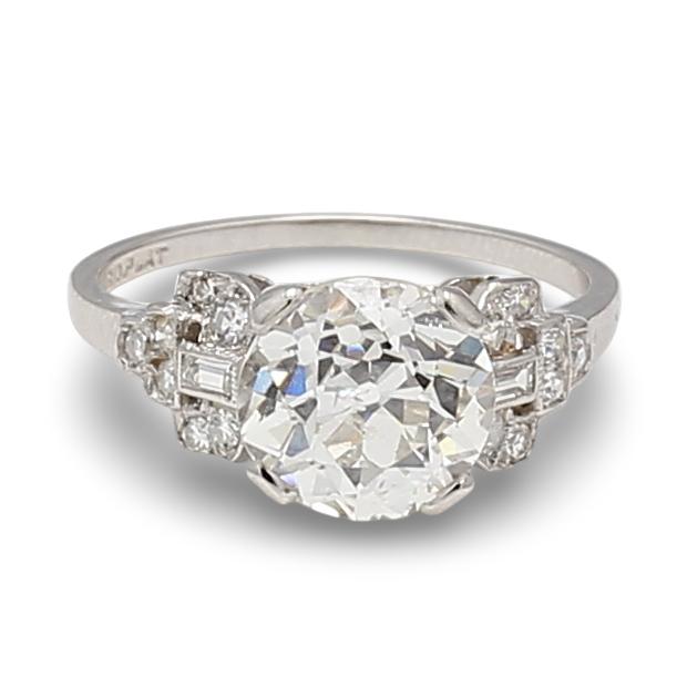 2.97 Carat Old European Cut and Baguette Shape Diamond Platinum Art Deco Ring