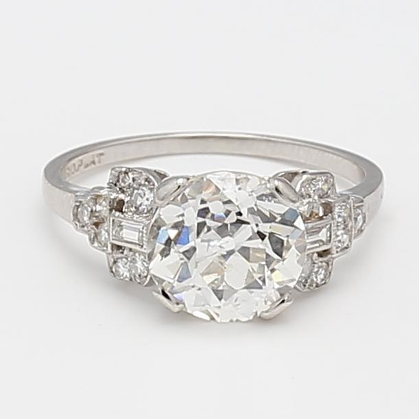 Platinum Art Deco Ring 2.97ct Old European & Baguette Diamonds Size 5 J-SI2 GIA