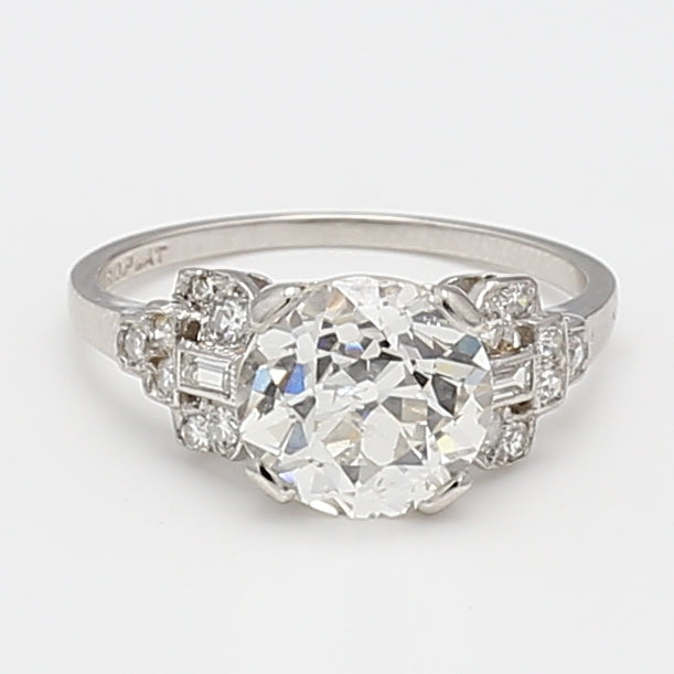2.97 Carat Old European Cut and Baguette Shape Diamond Platinum Art Deco Ring
