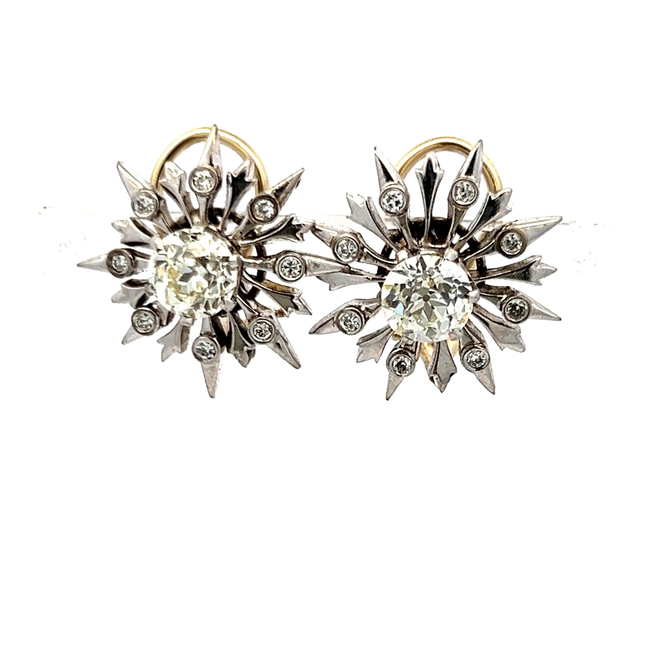 14K White Gold Clip On Earrings with 2.42 Carat Old European Cut Diamonds