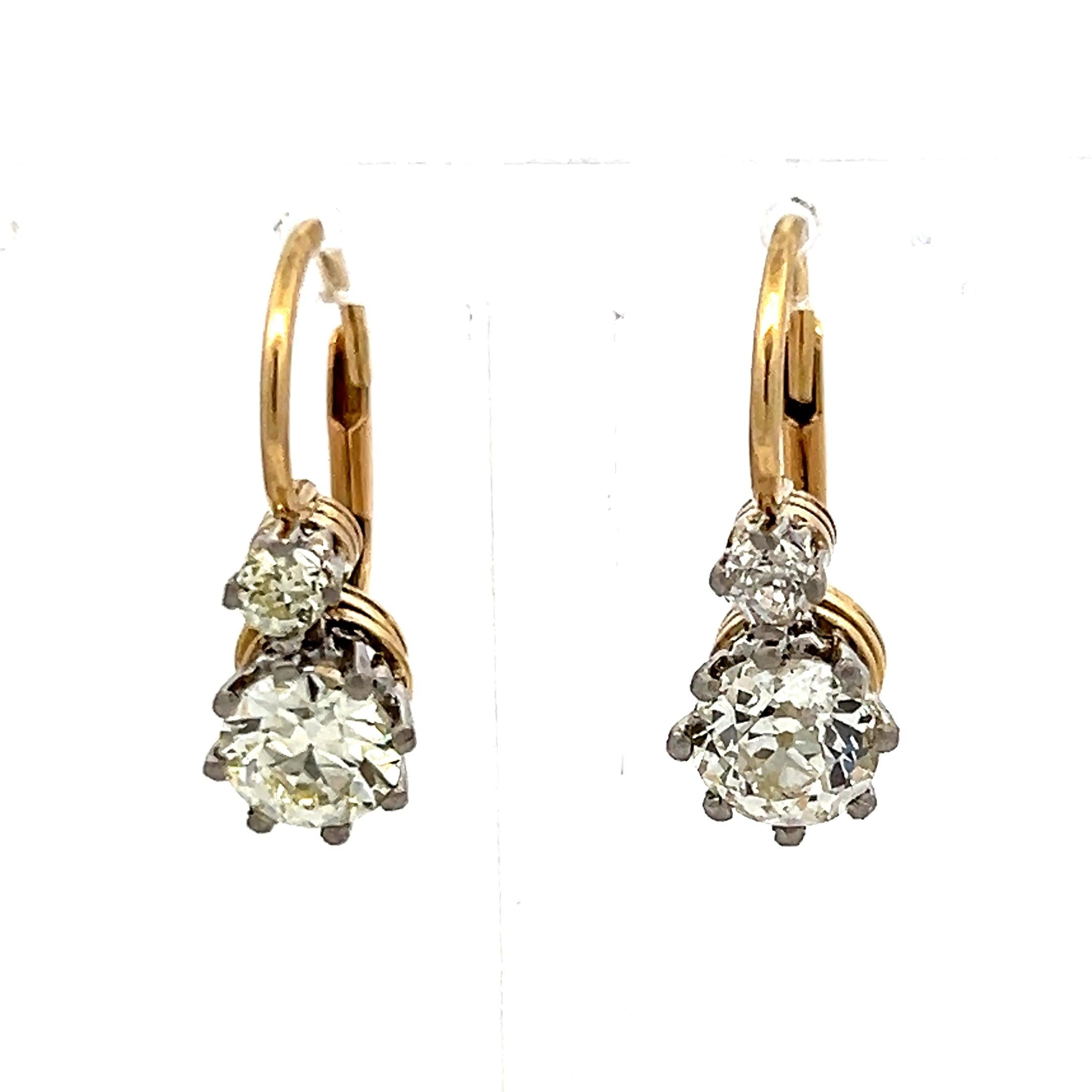 2.11ct Old European & Brilliant Cut O VS2 Diamond Two-Tone Leverback Earrings