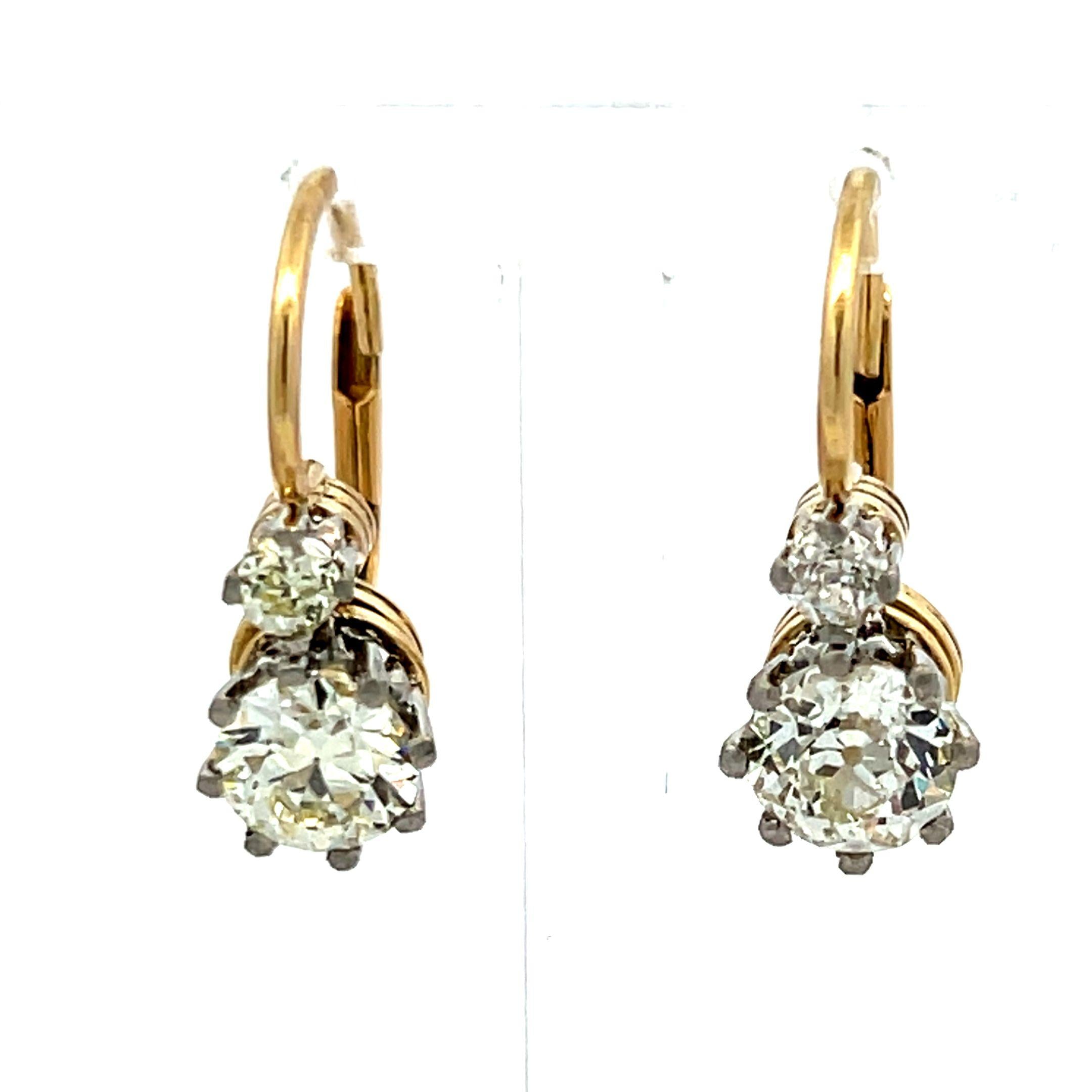 2.11ct Old European & Brilliant Cut O VS2 Diamond Two-Tone Leverback Earrings