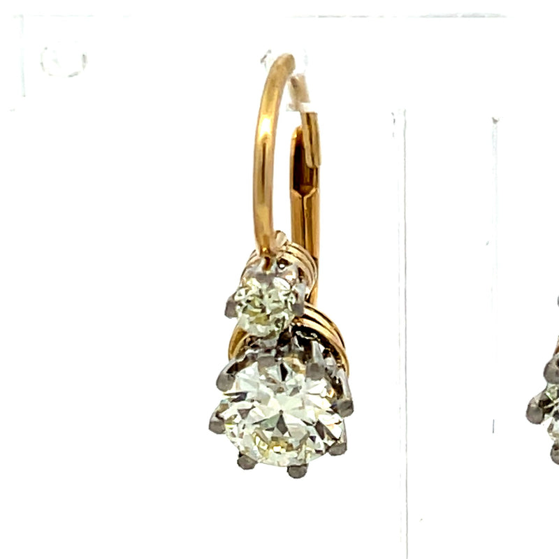 2.11 Carat Old European Cut Diamond 18K Gold/Platinum Leverback Earrings