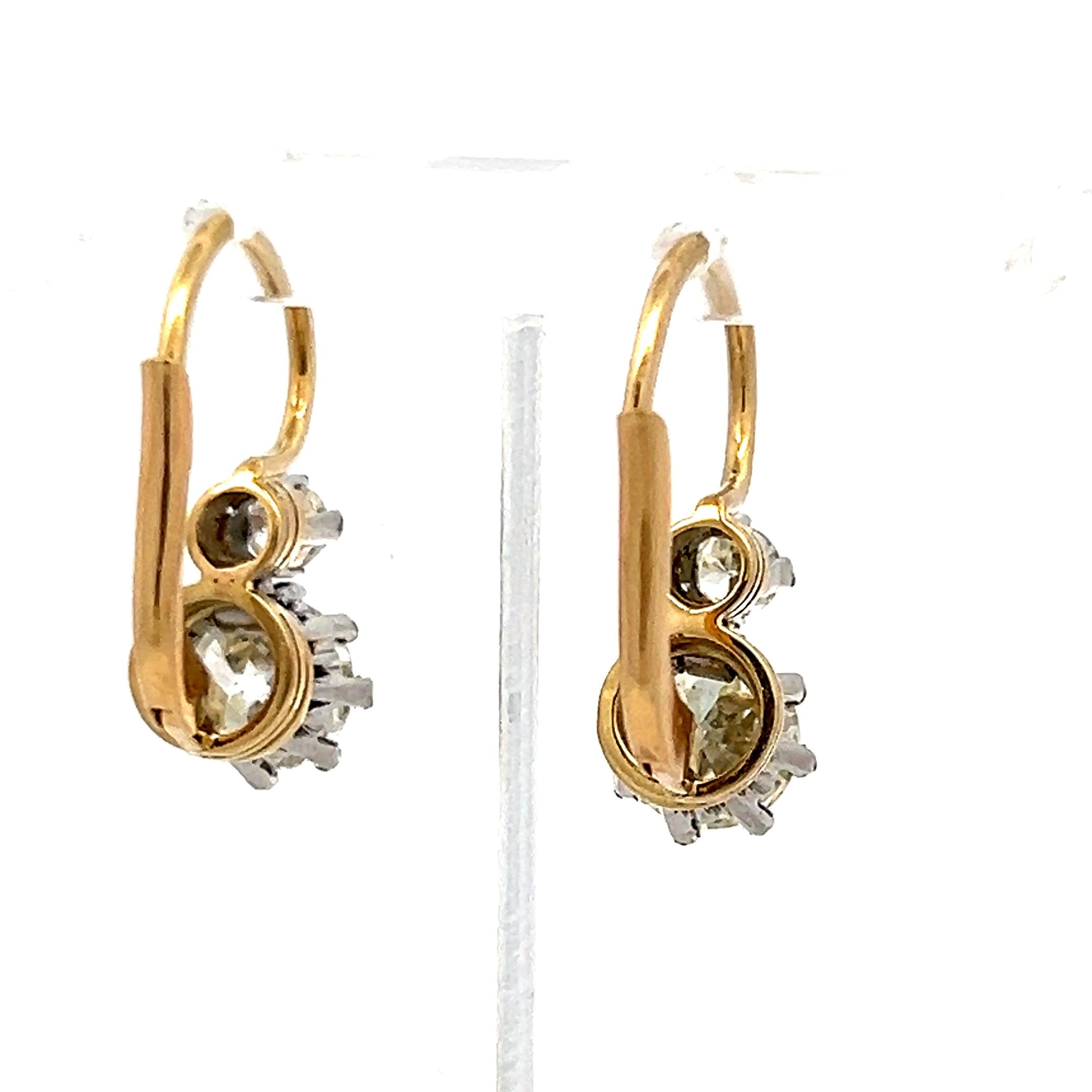 2.11ct Old European & Brilliant Cut O VS2 Diamond Two-Tone Leverback Earrings