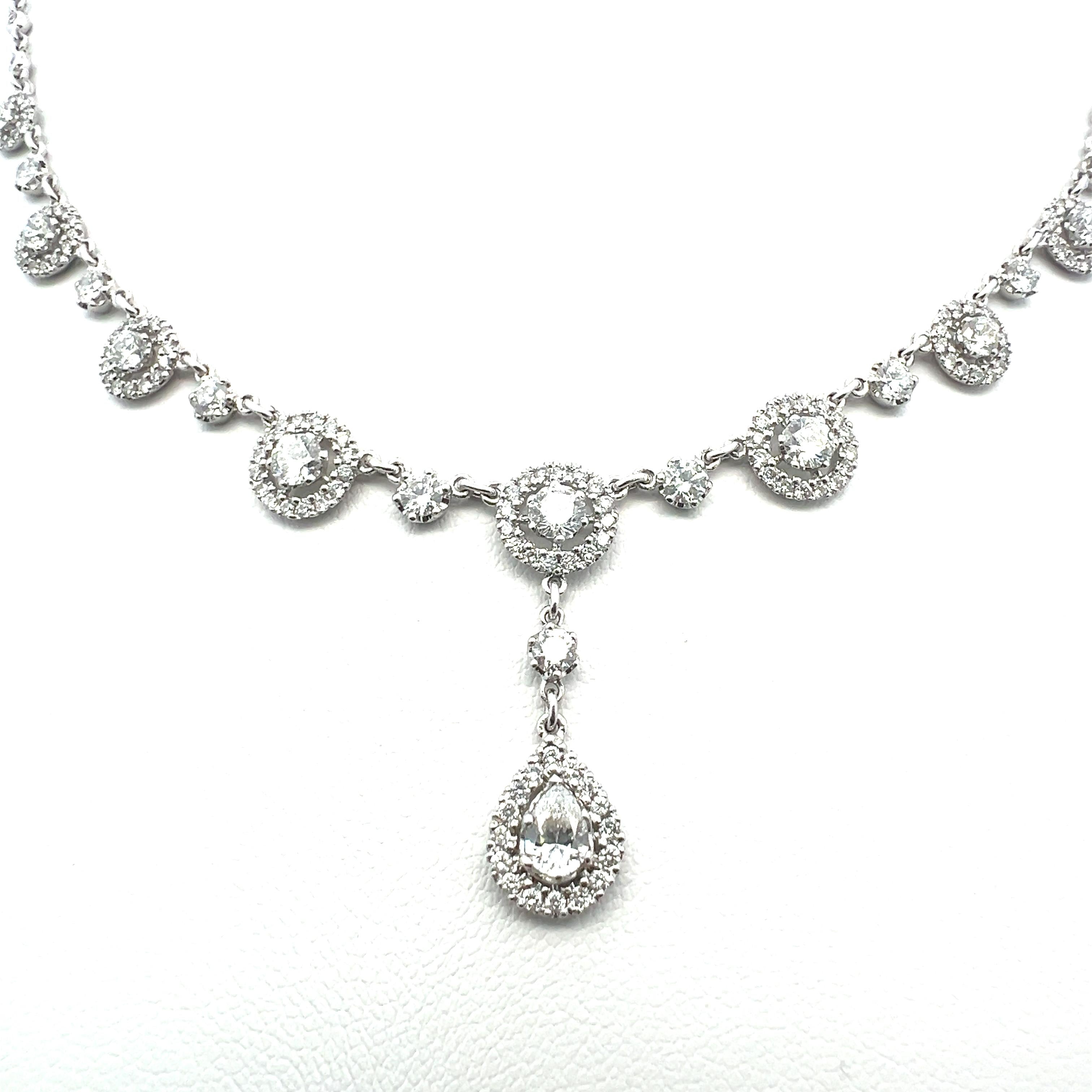 3.11 Carat Diamond Halo Drop Necklace in 18K White Gold with Pear & Round Accent