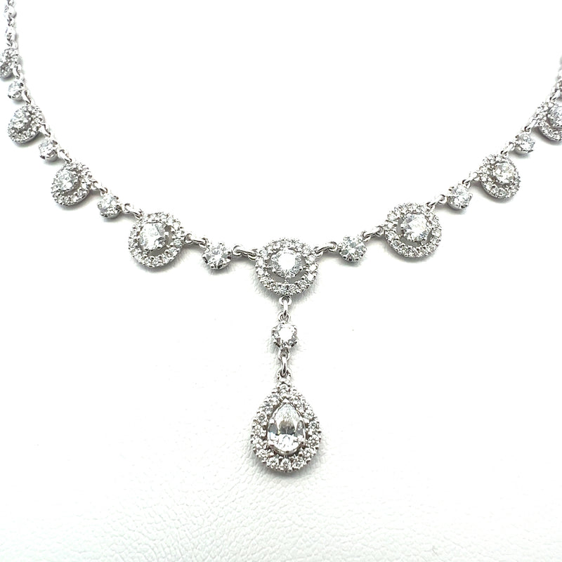 3.11 Carat Round Radiant and Pear Shape Diamond 18 Karat White Gold Drop Necklace