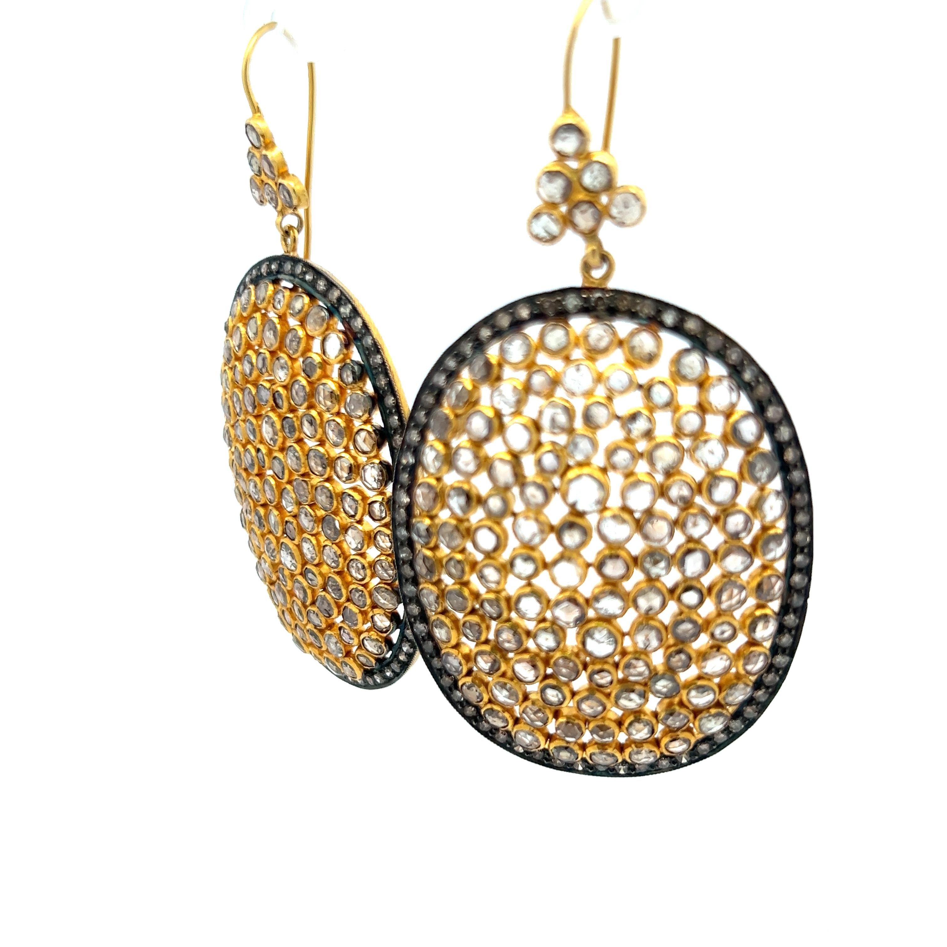 Estate 18K Yellow Gold Dangling Earrings with 7.32ct Round & Rose Cut Diamonds