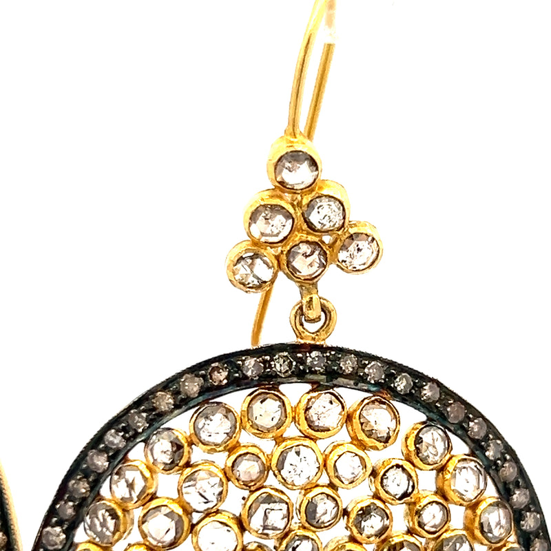 7.32 Carat Rose Cut and Round Diamond 18 Karat Yellow Gold Dangling Earrings