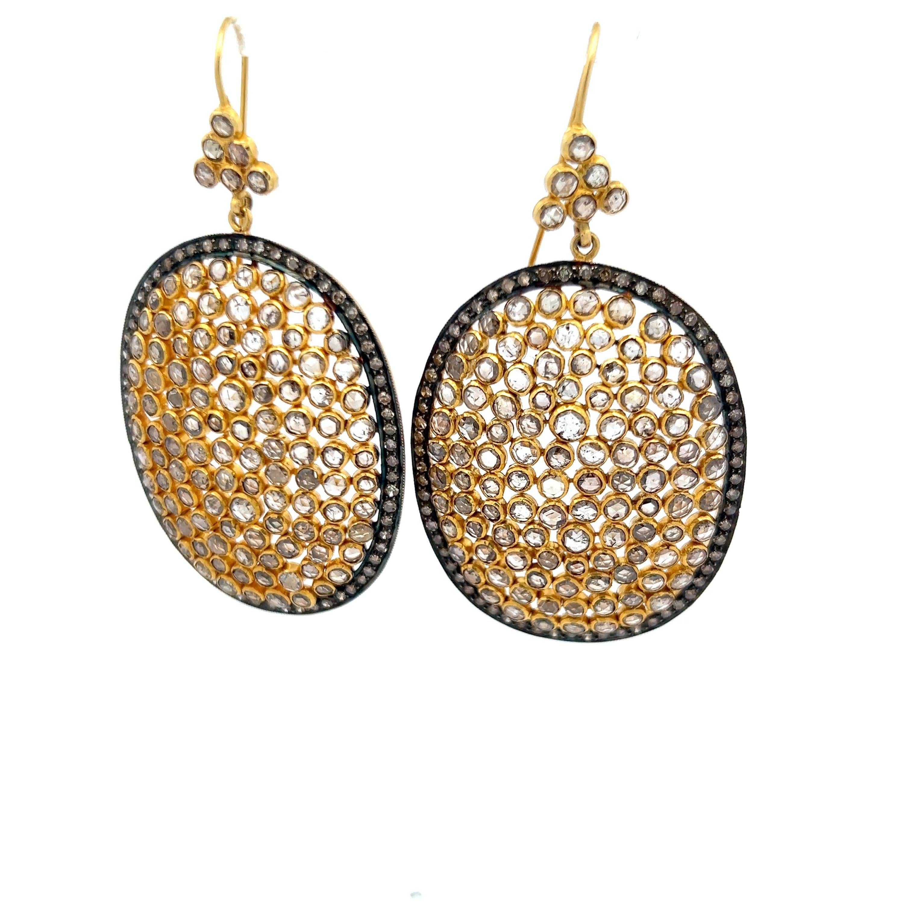 Estate 18K Yellow Gold Dangling Earrings with 7.32ct Round & Rose Cut Diamonds