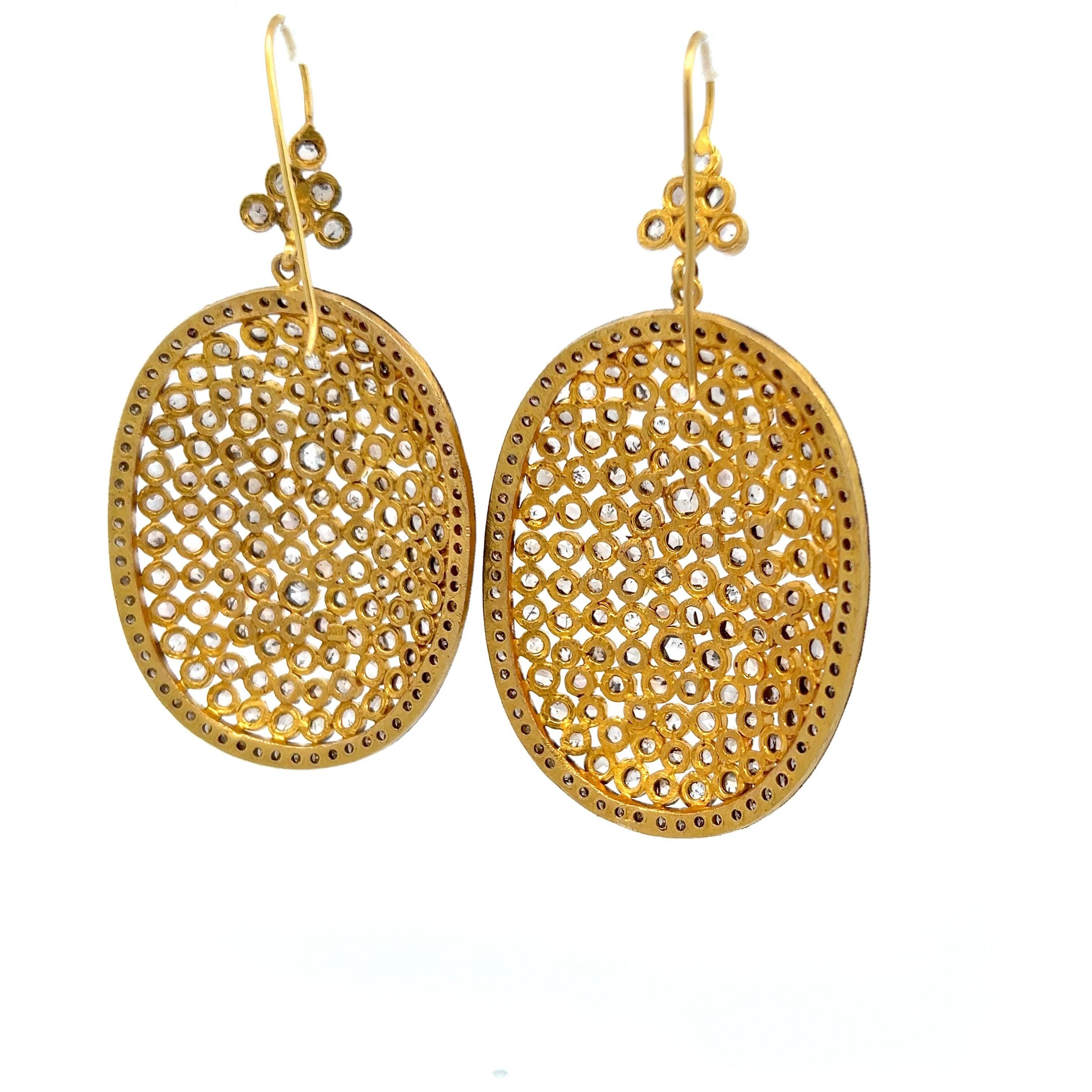 Estate 18K Yellow Gold Dangling Earrings with 7.32ct Round & Rose Cut Diamonds
