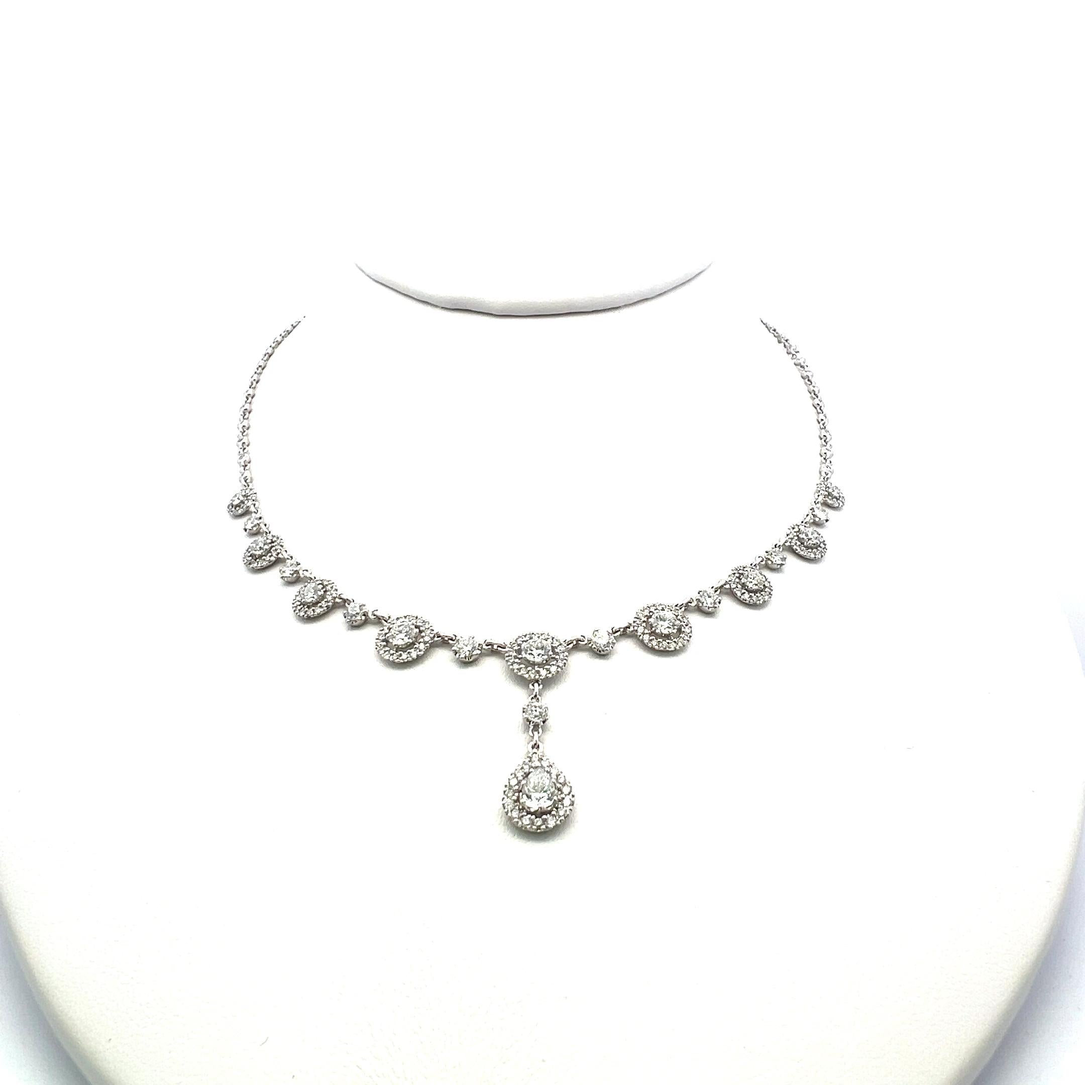 3.11 Carat Diamond Halo Drop Necklace in 18K White Gold with Pear & Round Accent