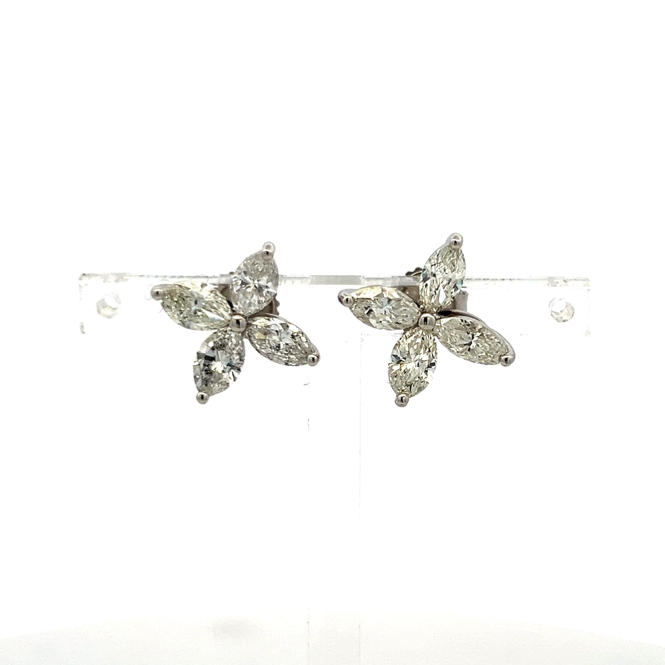 3.05ct Marquise Diamond Floral Stud Earrings in 14K White Gold H VS1