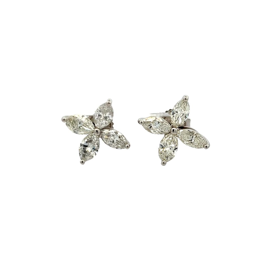 New 14K White Gold Stud Earrings with 3.05 Carat Marquis H VS1 Diamonds