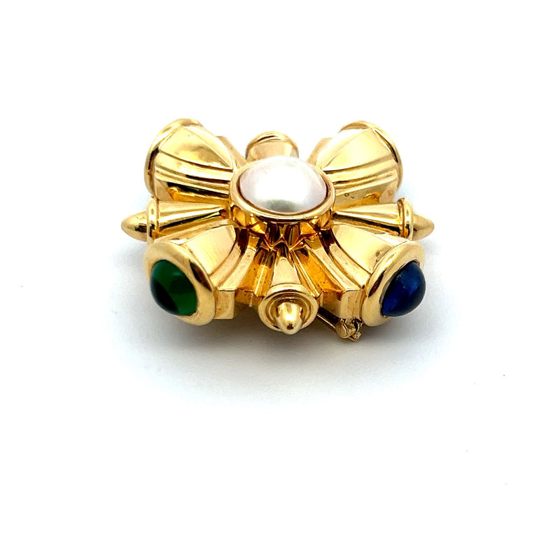 3.00 Carat Emerald 3.00 Carat Sapphire 1.00 Carat 18 Karat Yellow Gold Pin Brooch