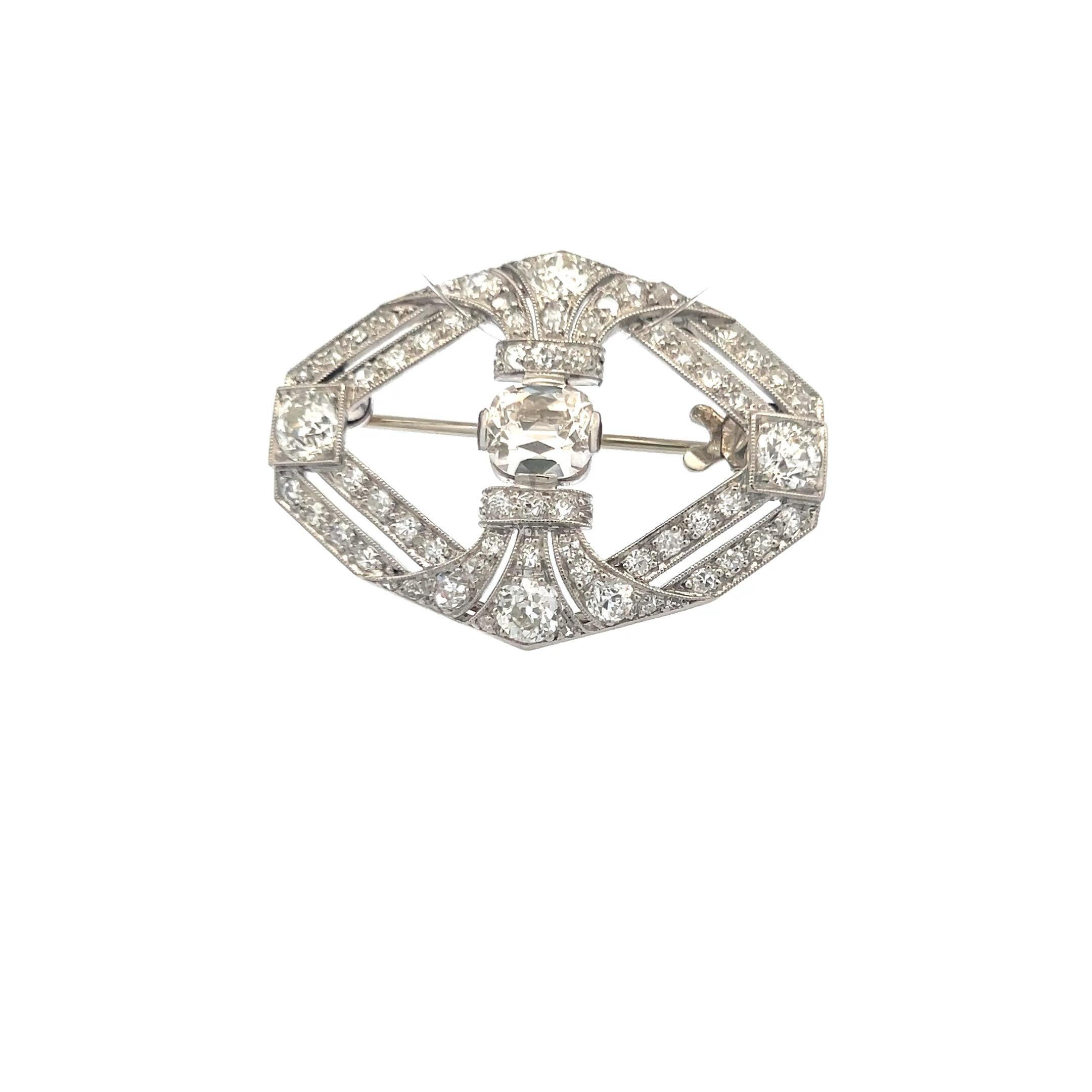 3.44 Carat Old European Cut and Old Miner Cut Diamond Platinum Pin Brooch