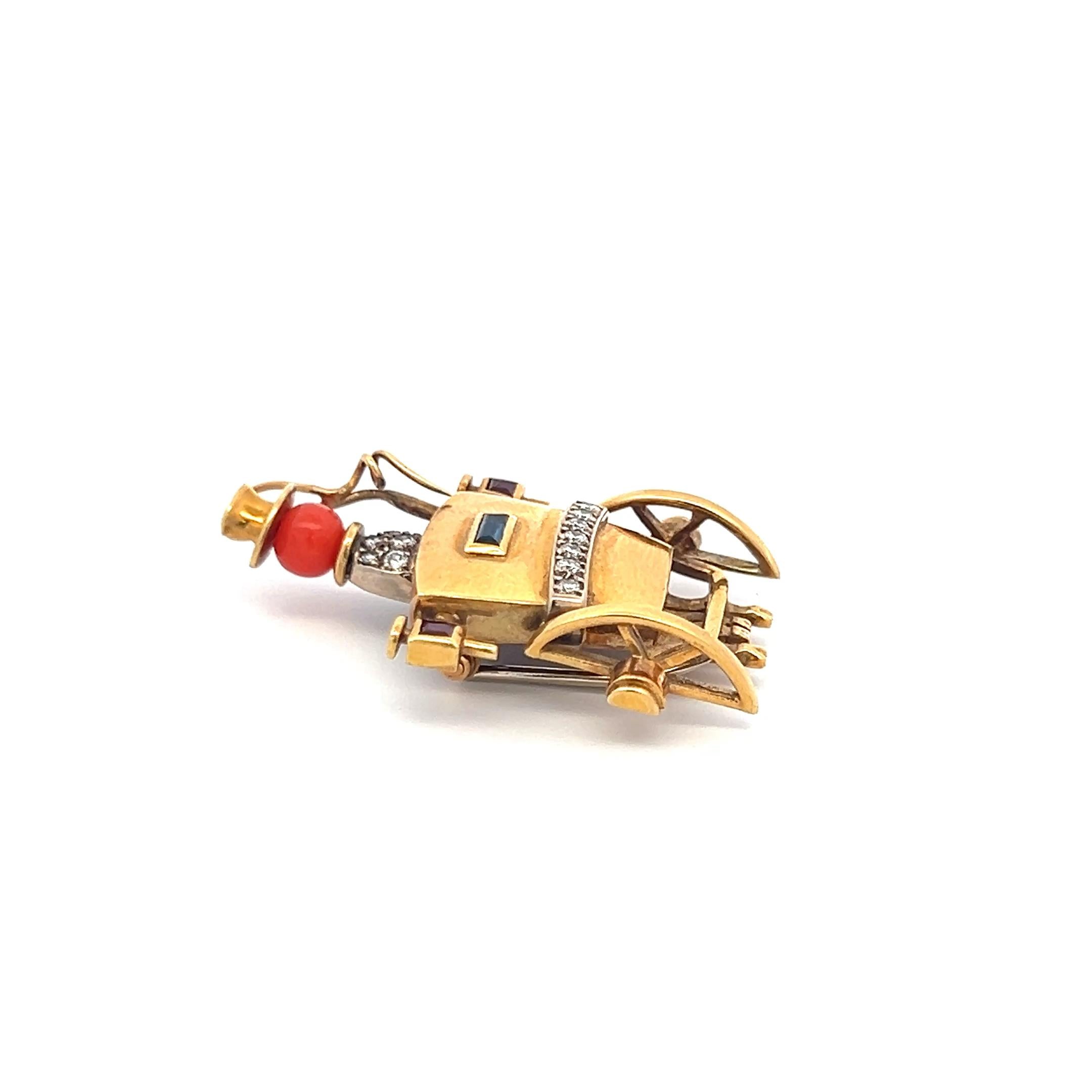 18K YG Pin Brooch with 0.35ct Round Diamonds 0.15ct Sapphire & Multi Gemstones