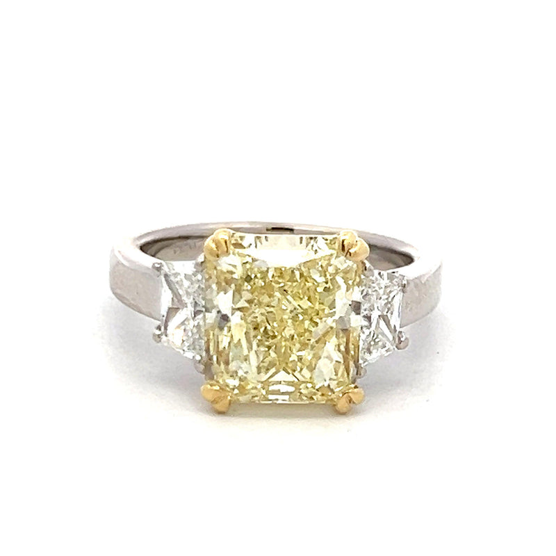 6.90 Carat Radiant Cut Fancy Yellow and Trapezoid Diamond 18K Engagement Ring