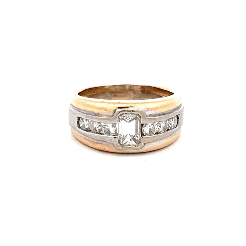 0.76 Carat Emerald Cut and Round Diamond 18 Karat Two Tone Gold Band Ring