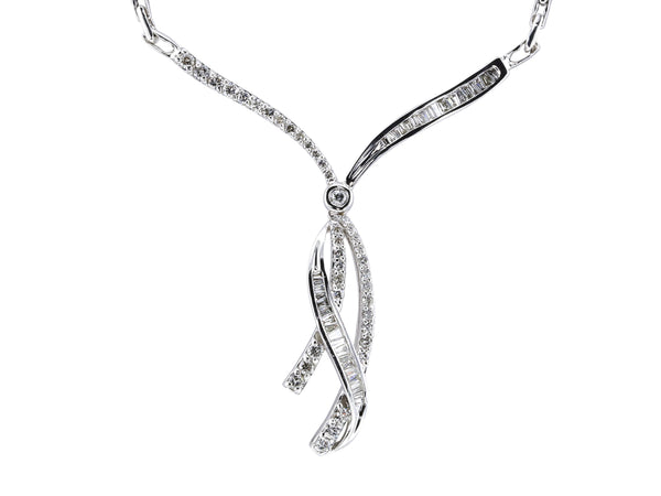 1.70 Carat Round Brilliant and Baguette Shape Diamond 14K White Gold Pendant Necklace