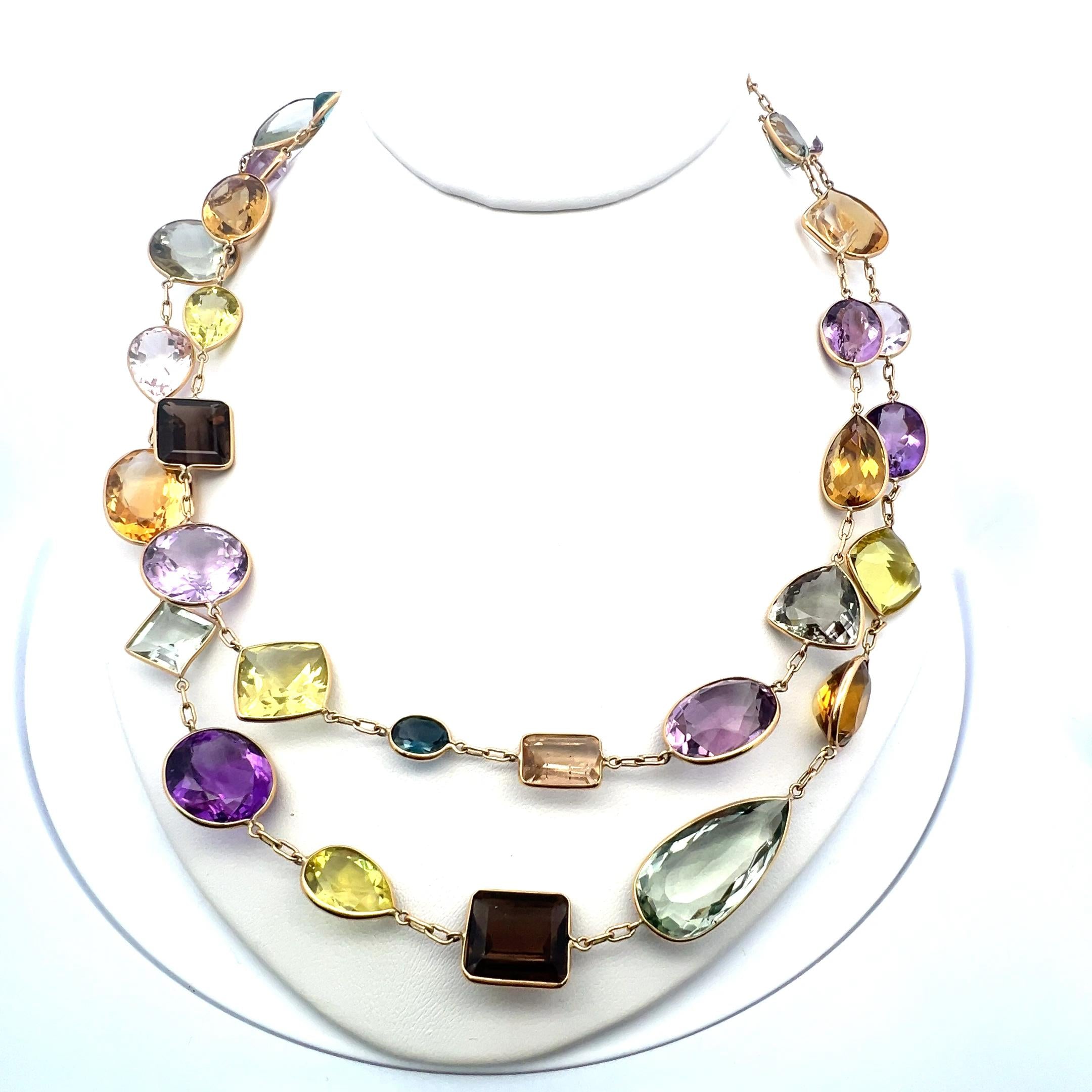 Vibrant 18 Karat Yellow Gold Multi-Gemstone Necklace 84.3 Grams 41 Inch long