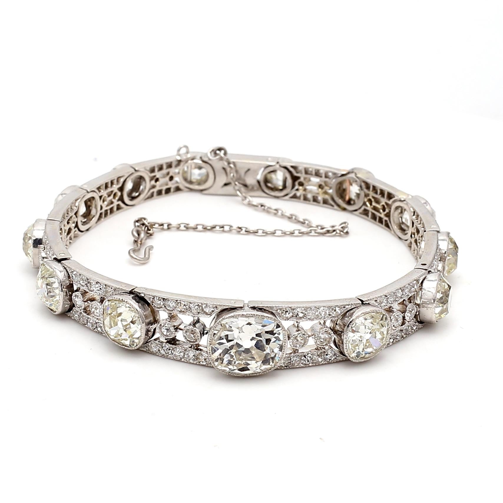 12.51ct Old Miner & Old European Cut Diamond Platinum Art Deco Bracelet