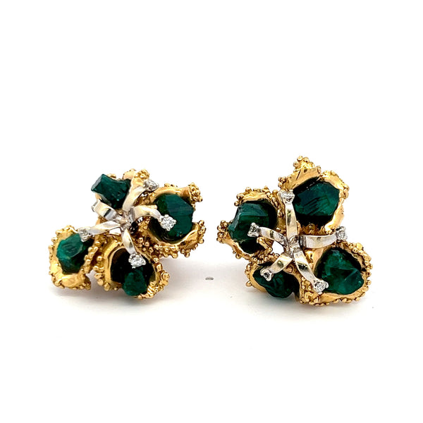 12.00 Carat Emerald 0.50 Carat Round Diamond 18K Yellow Gold Clip On Earrings