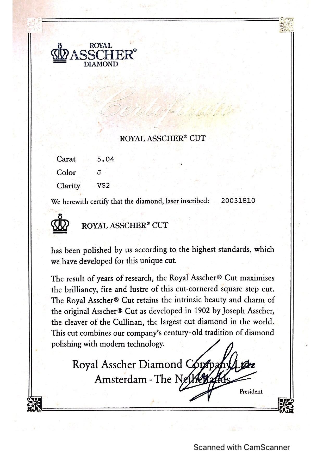 5.24 Carat Asscher Cut and Round Brilliant Diamond 14K WG Engagement Ring