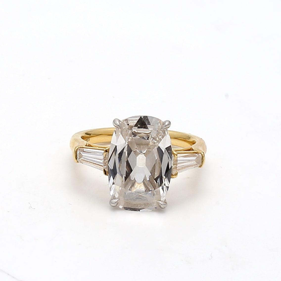 5.40 Carat Cushion Brilliant  and Baguette Diamond 18K Yellow Gold Engagement Ri