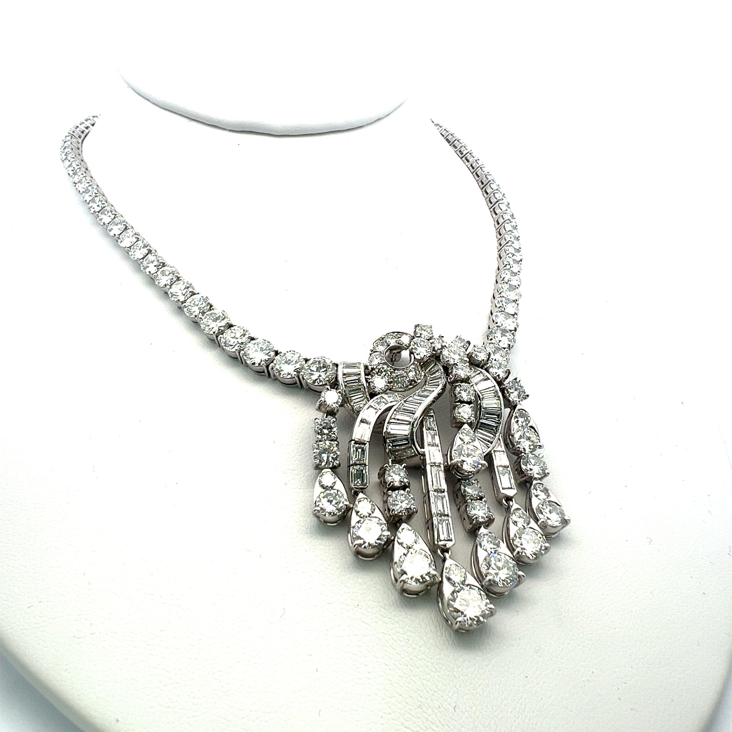 58.05 Carat Round Brilliant Diamond 18 Karat White Tennis Statement Necklace