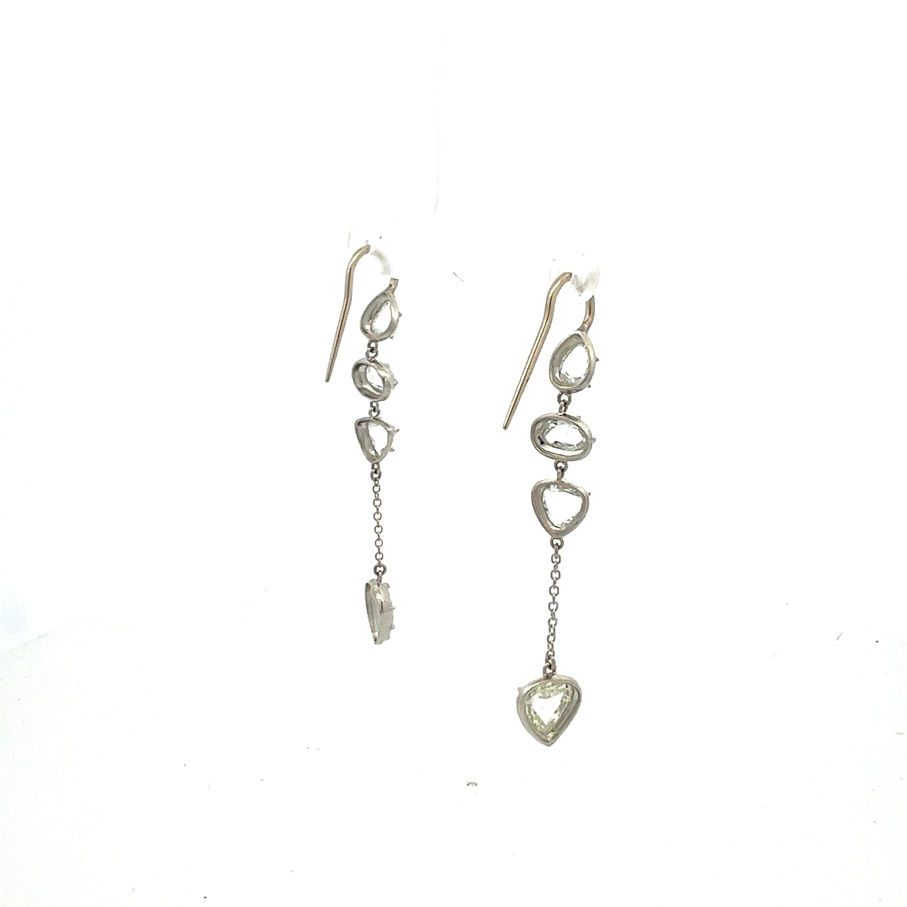 5.90 Carat Rose Cut H SI1 Diamond Platinum Tear Drop Earrings