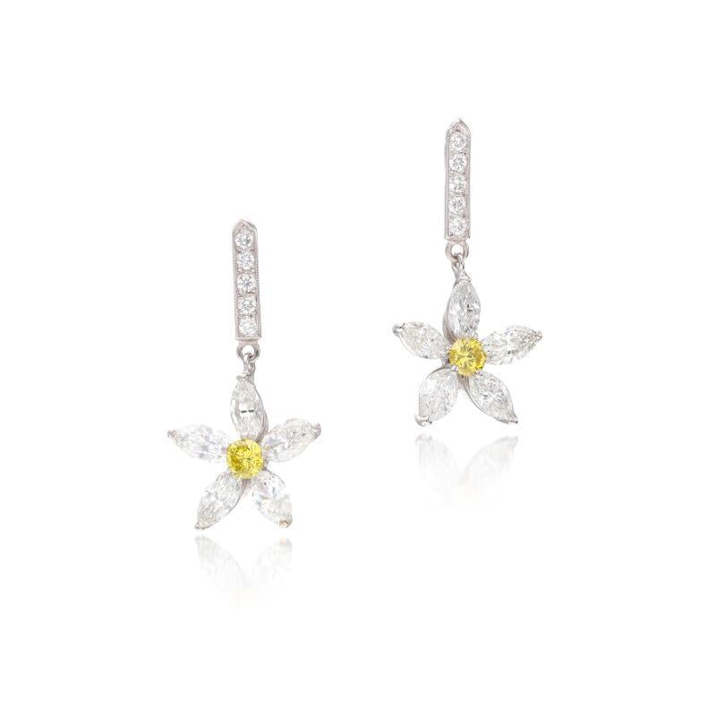 5.98 Carat Marquis and Round Fancy INT Yellow Diamond Platinum Dangling Earrings