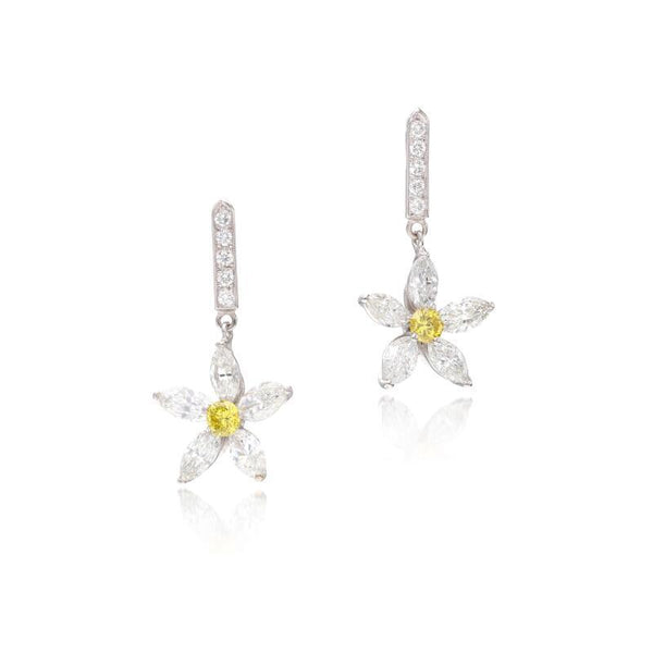 5.98 Carat Marquis and Round Fancy INT Yellow Diamond Platinum Dangling Earrings