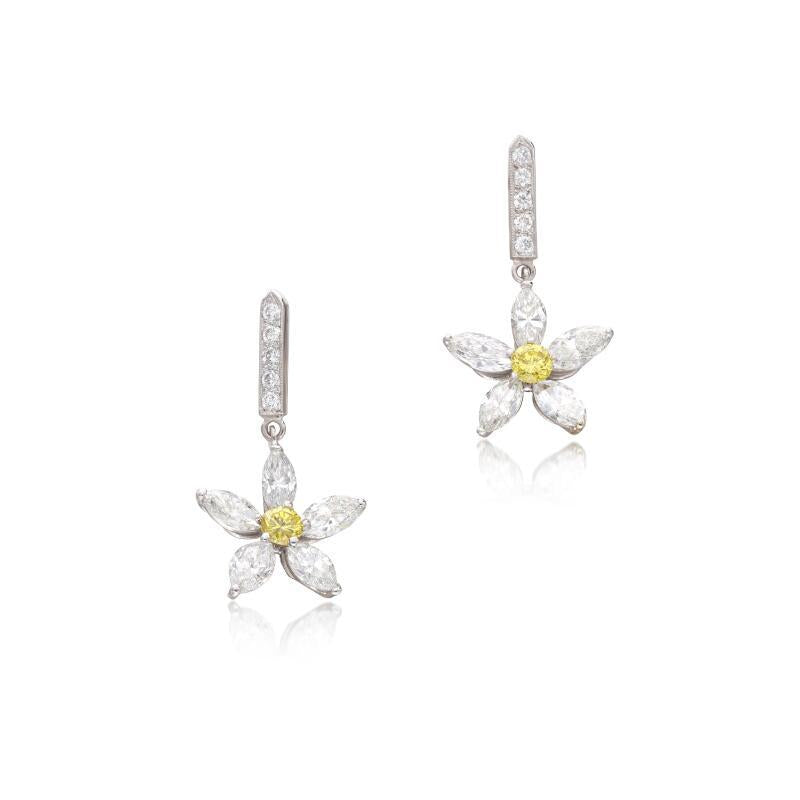 5.98 Carat Marquis and Round Fancy INT Yellow Diamond Platinum Dangling Earrings