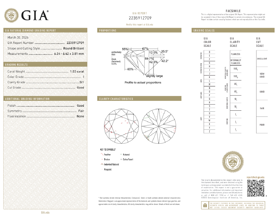 GIA Certified 1.02 Carat Round Brilliant Diamond Loose I-SI1 Natural
