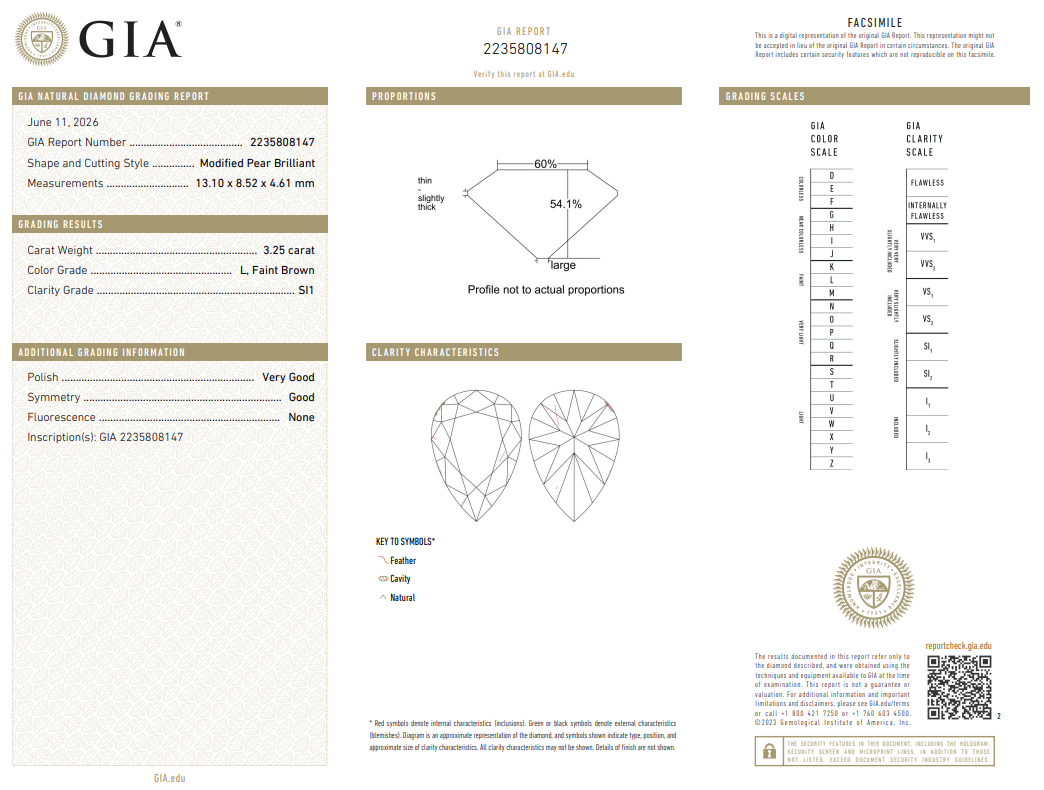 3.25 Carat Pear Shape Diamond L-SI1 Natural GIA Loose Estate