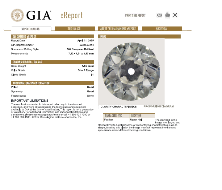 1.55 Carat Old European Cut Diamond Natural O-I1 with GIA Certificate