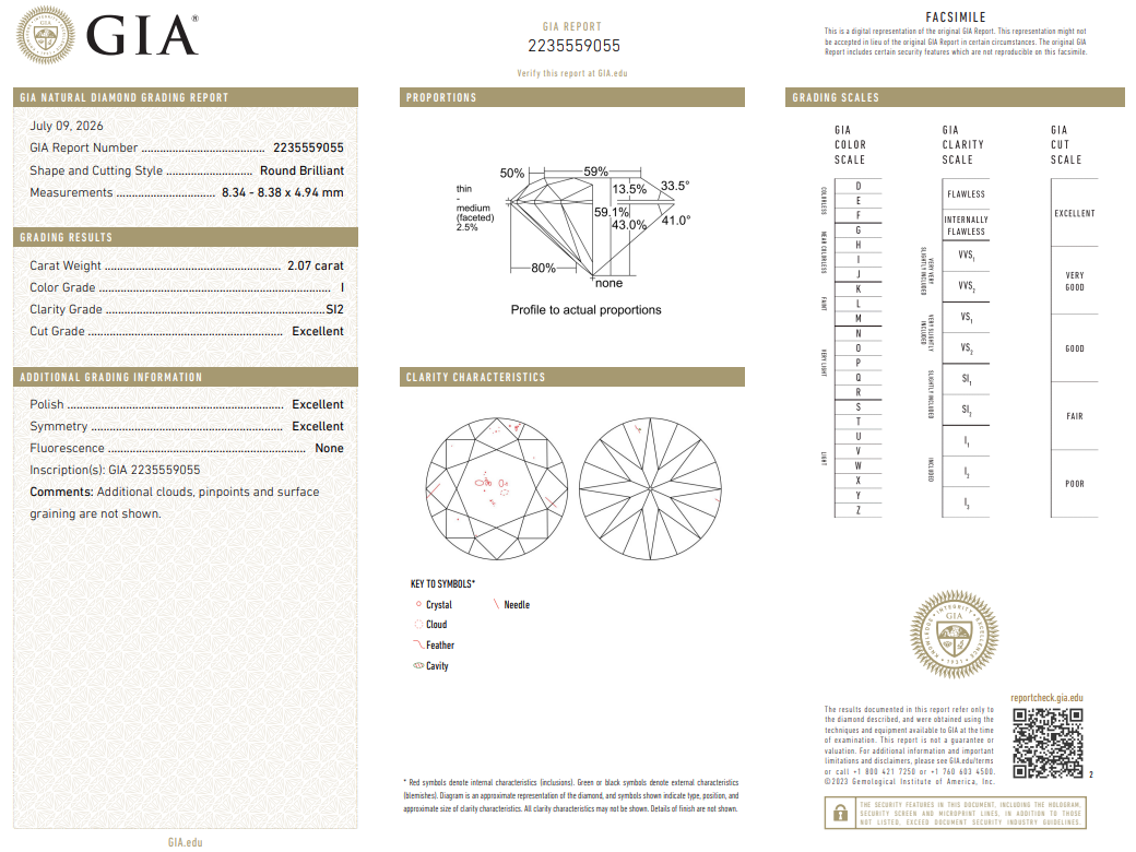 Natural 2.07 Carat Round Brilliant Diamond I-SI2 with GIA Certificate