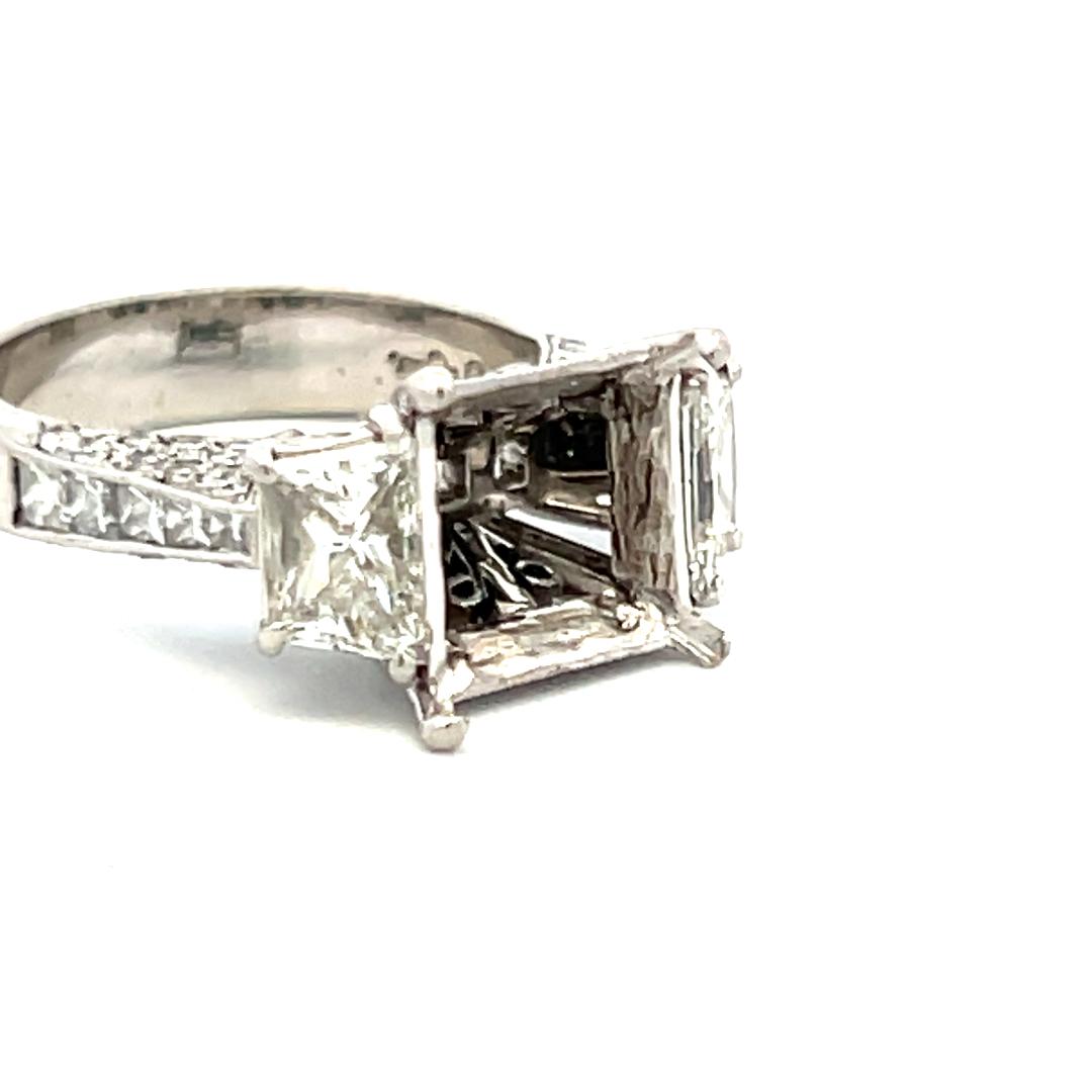 2.14 Carat Trapezoid Round and Princess Cut Diamond Platinum Semi Mount Ring