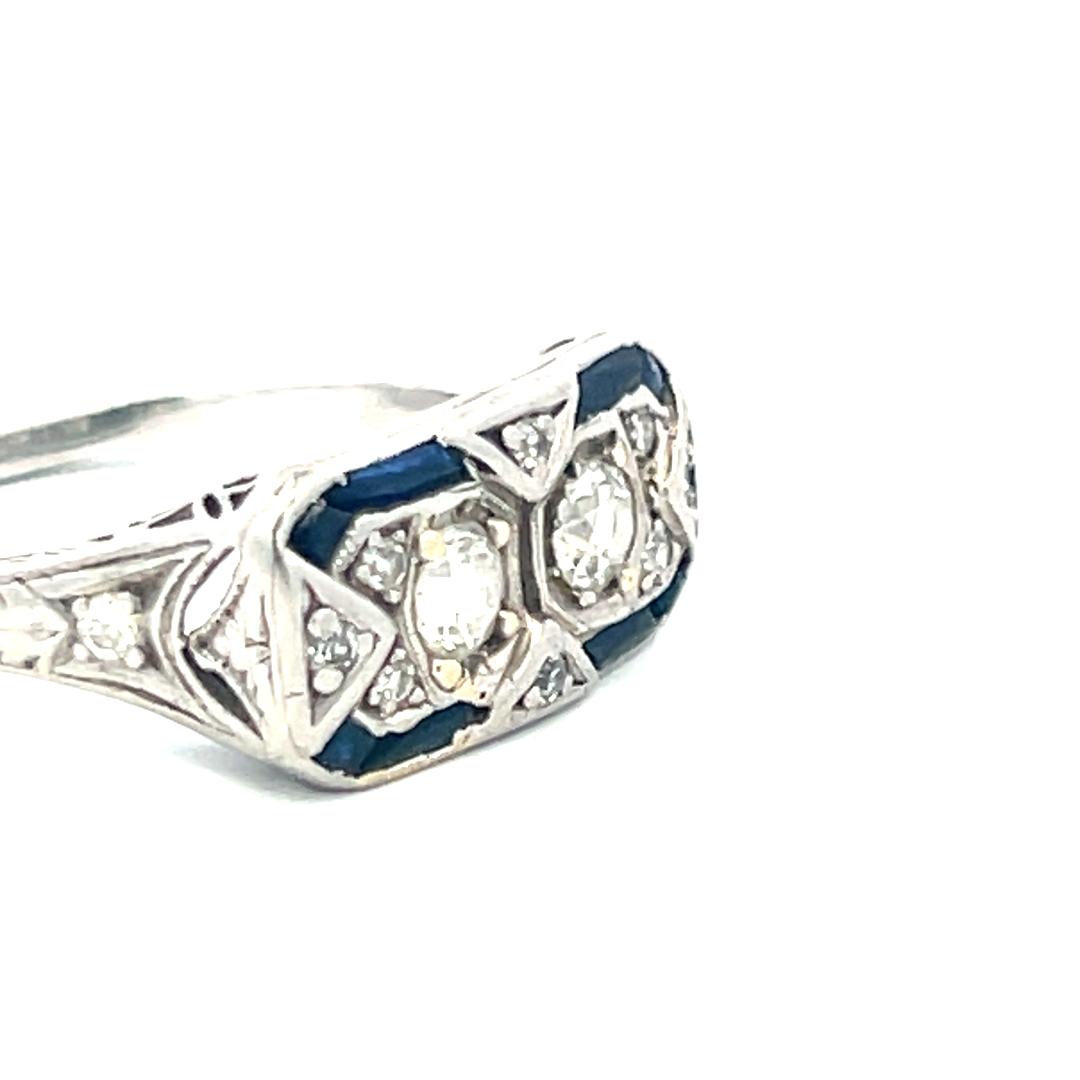 0.50 Carat Old European Diamond 0.25 Carat Sapphire Platinum Art Deco Ring