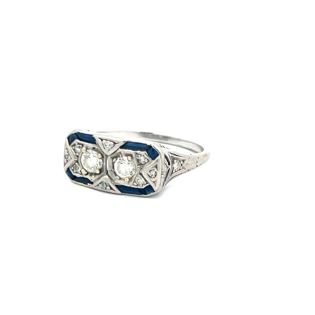 0.50 Carat Old European Diamond 0.25 Carat Sapphire Platinum Art Deco Ring