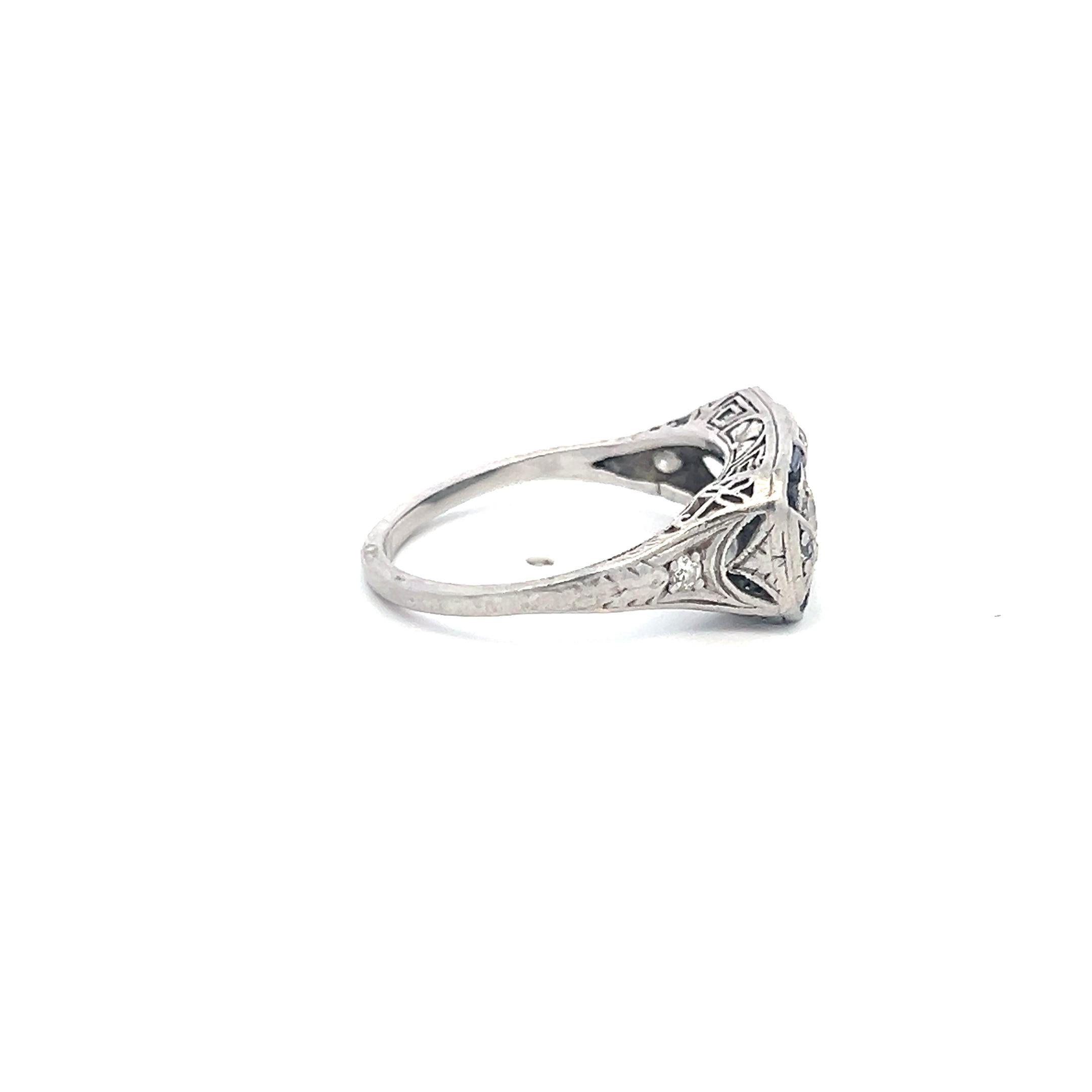0.50 Carat Old European Diamond 0.25 Carat Sapphire Platinum Art Deco Ring