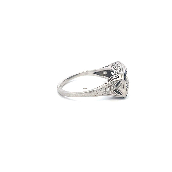 0.50 Carat Old European Diamond 0.25 Carat Sapphire Platinum Art Deco Ring