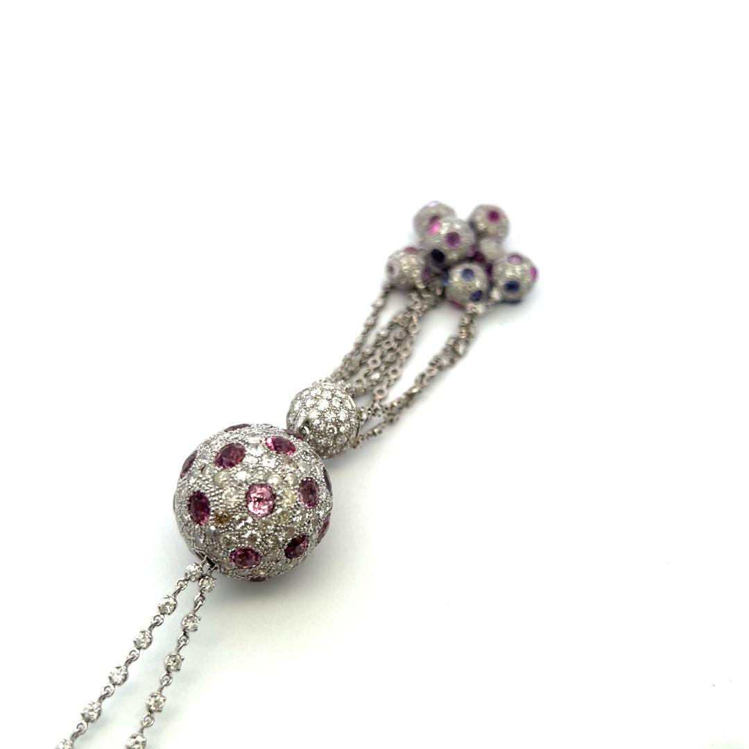 18K White Gold Dangling Necklace 20 Carat Round I I1 Diamonds 20 Carat Sapphires